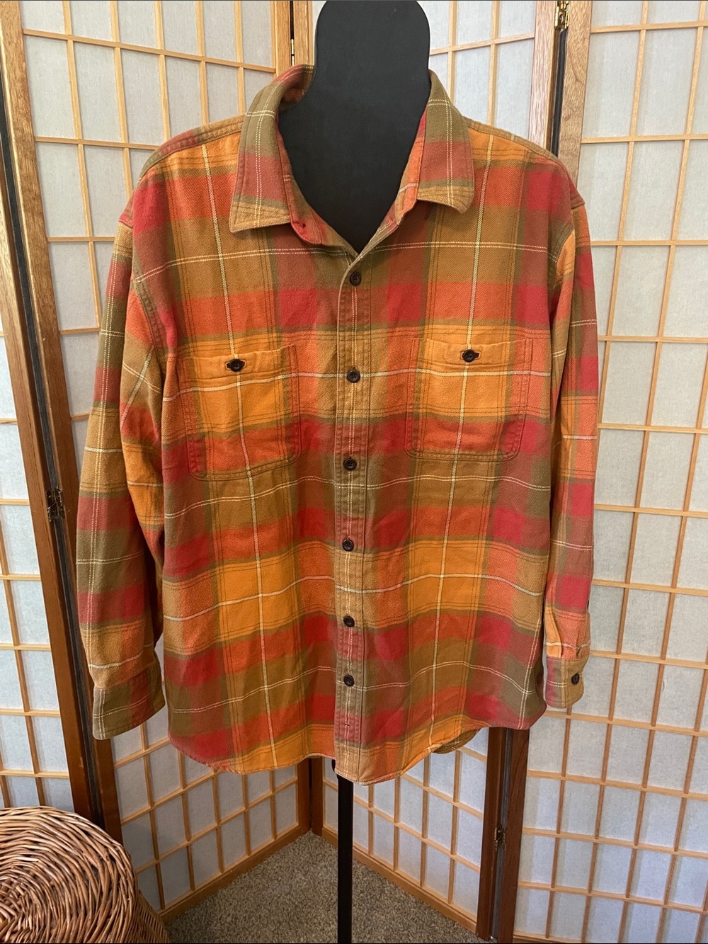 Orvis Orange and Olive Heavy Cotton Plaid Flannel Shirt